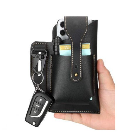 MEN Multifunctional Leather Mobile Phone Bag Belt Waist Bag For Outdoor Sports(Black)
